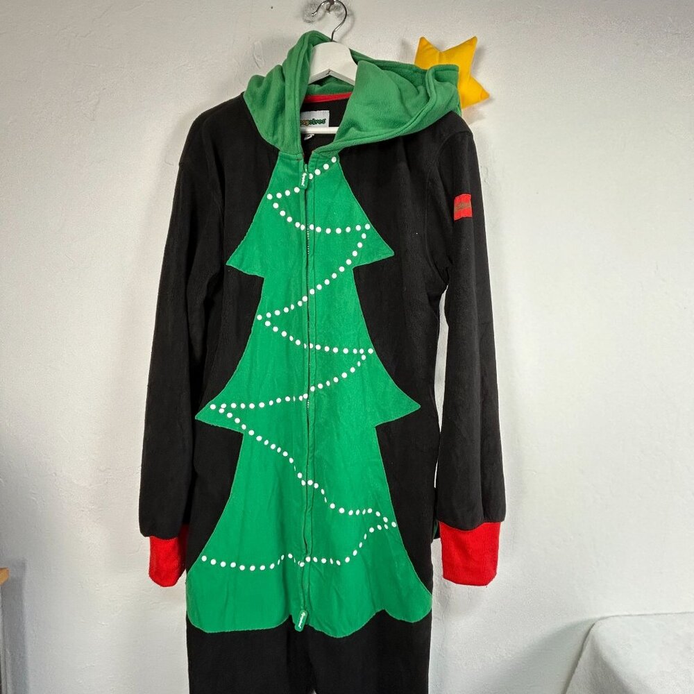 Tipsy Elves Women's Cozy Christmas Tree Toss Game Hooded Jumpsuit Large Green